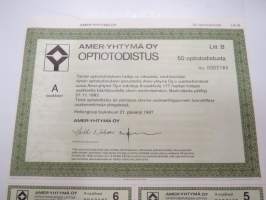 Amer-Yhtymä Oy optiotodistus, Litt. B 50 optiotodistusta nr 0003185, Helsinki 1987 -osake-optio -share / stock option certificate