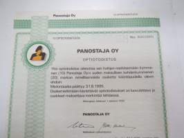 Panostaja Oy optiotodistus, 10 optiotodistusta nr 000000000, Helsinki 1995 &quot;Specimen&quot;-merkitty -osake-optio -share / stock option certificate
