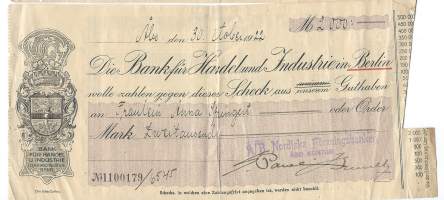 Shekki 2000 mk 1922, Die Bank fur Handel und Industrie in Berlin/ Nordiska Föreingbanken Turku