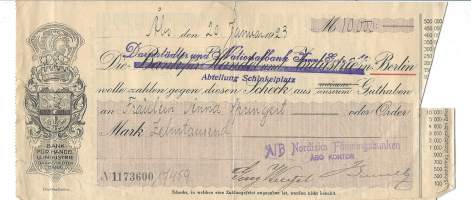 Shekki 10 000 mk 1923, Darmstädter Nationalbank Komm Ges  in Berlin/ Nordiska Föreingbanken Turku