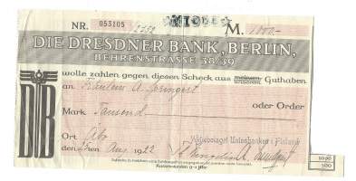 Shekki 1000 mk 1922, Die Dresdner Bank in Berlin/ Unionbanken Finland   Turku