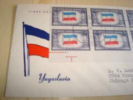 WWII, 2. maailmansota, Overrun Country / miehitetyt valtiot, Jugoslavia, 1943, USA, ensipäiväkuori, FDC, kuudella postimerkillä. Katso myös muut kohteeni,
