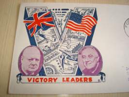 WWII, 2. maailmansota, Victory Leaders: Churchill &amp; Roosevelt, 1942, USA, ensipäiväkuori, FDC. Katso myös muut kohteeni, minulla on myynnissä mm. noin 1 200