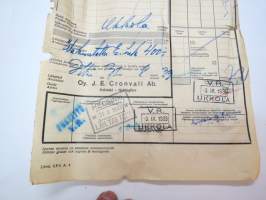 VR Rahtikirja (Ukkola / Pielisen Metsätalous Oy) Helsinki - Ukkola 3.9.1933 tavaravakuutusmerkkeineen -freight document with insurance stamps