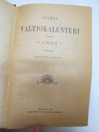 Suomen Valtiokalenteri 1922, sisältää kaiken tarpeellisen ja tarpeettoman tiedon Suomen valtion asioista ja virkamiehistä, esimerkiksi karttapaperin