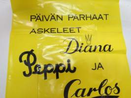 Päivän parhaat askeleet Diana, Peppi ja Carlos kengissä - 25 kpl eli täysi pakkaus 1960-luvun lopusta säilyneitä muovikasseja, joihin asiakkaan ostamat