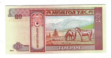Mongolia 20 Tugrik 2014 - seteli /  Mongolian tasavalta eli Mongolia on sisämaavaltio Itä-Aasiassa. Sitä ympäröi pohjoisessa Venäjä, sekä lännestä,