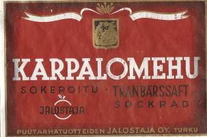 Karpalomehu  -  tuote-etiketti  1930-40-luku /Vuonna 1936 perustetaan puutarhatuotteiden Jalostaja, jonka tarkoituksena on puutarhatuotteiden tehdasmainen