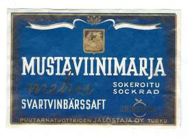 Mustaviinimarjamehu -  tuote-etiketti  1930-40-luku /Vuonna 1936 perustetaan puutarhatuotteiden Jalostaja, jonka tarkoituksena on puutarhatuotteiden