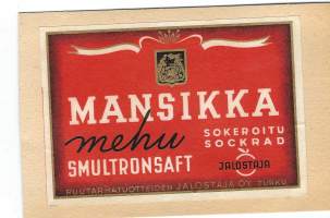 Mansikkamehu -  tuote-etiketti  1930-40-luku /Vuonna 1936 perustetaan puutarhatuotteiden Jalostaja, jonka tarkoituksena on puutarhatuotteiden tehdasmainen