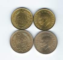 Turkki 500 ja 1000 Lira 1989-93  - ulkomainen kolikko