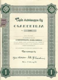 Keski-Lapin Autokauppa Oy, 10 000  mk  osakekirja,  Rovaniemi 10.10.1956