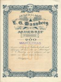 L.G.Wasberg Oy, 200  smk  osakekirja, Helsinki 1895