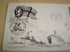 WWII, 2. maailmansota, Overrun Country, miehitetet valtiot: norja, 1943, USA, ensipäiväkuori, FDC. Hieno ja Harvinainen. Katso myös muut kohteeni, mm. noin 1 200