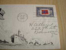 WWII, 2. maailmansota, Overrun Country, miehitetet valtiot: norja, 1943, USA, ensipäiväkuori, FDC. Hieno ja Harvinainen. Katso myös muut kohteeni, mm. noin 1 200