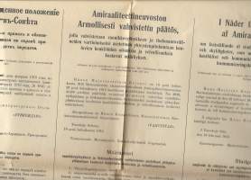 Amiraaliteettineuvoston päätös rannikkovyöhykkeen ja tiedonantovälineiden vartiointihenkilöiden oikeuksia ja velvollisuksia - 60x90 cm julistus suomeksi,