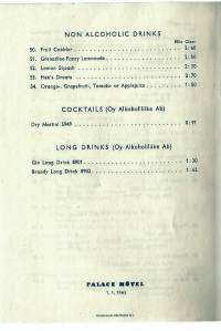 Coctails / Palace Hotel 1963 - ruokalista