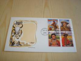 Legends of he West, Villi Länsi, 1994, USA, ensipäiväkuori, FDC, Chief Joseph, Buffalo Bill, Bill Bicket ja Home on the Range postimerkit. Katso myös muut