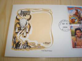 Legends of he West, Villi Länsi, 1994, USA, ensipäiväkuori, FDC, Chief Joseph, Buffalo Bill, Bill Bicket ja Home on the Range postimerkit. Katso myös muut
