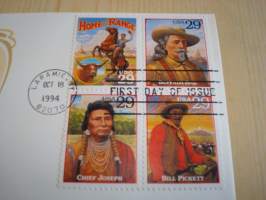 Legends of he West, Villi Länsi, 1994, USA, ensipäiväkuori, FDC, Chief Joseph, Buffalo Bill, Bill Bicket ja Home on the Range postimerkit. Katso myös muut