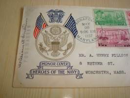 Honor Cover, Heroes of the Navy, USA, 1937, ensipäiväkuori, FDC, postimestarin nimikirjoituksella, harvinainen. Katso myös muut kohteeni, mm. noin 1200 erilaista