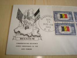 WWII, 2. maailmansota, Overrun Country: Belgia, miehitetyt valtiot, USA, 1943, ensipäiväkuori, FDC. Katso myös muut kohteeni, mm. noin 1200 erilaista
