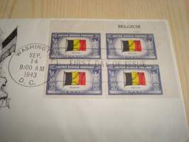 WWII, 2. maailmansota, Overrun Country: Belgia, miehitetyt valtiot, USA, 1943, ensipäiväkuori, FDC. Katso myös muut kohteeni, mm. noin 1200 erilaista