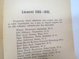 Brahestads Borgare- och Handelsskola - Årsberättelse öfver elfte läseåret 1892-93 afgifven af Gustaf F. Lönnbeck. Elevlistor -school annual report