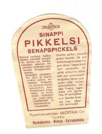 Sinappipikkelsi  -  tuote-etiketti  1930-40-luku  2 kpl  cm /Vuonna 1936 perustetaan puutarhatuotteiden Jalostaja, jonka tarkoituksena on puutarhatuotteiden