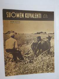 Suomen Kuvalehti 1947 nr 29, ilmestynyt 19.7.1947, sis. mm. seur. artikkelit / kuvat / mainokset; Kansikuva &quot;Heinää kaatuu&quot;, Karhula-Iittala lasitölkit,