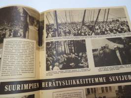 Suomen Kuvalehti 1947 nr 29, ilmestynyt 19.7.1947, sis. mm. seur. artikkelit / kuvat / mainokset; Kansikuva &quot;Heinää kaatuu&quot;, Karhula-Iittala lasitölkit,