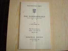 YK:n pääsihteerin Dag Hammarskjöld muistotilaisuuden &quot;ohjelma&quot;, Westminster Abbey, Lontoo, 23. lokakuuta, 1961. Provenienssi: Terry Learner, joka hoiti BBC:n