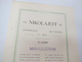 Oy Nikolajeff Ab 1 osake / aktie 100 mk, Helsinki 1940 -osakekirja / share certificate