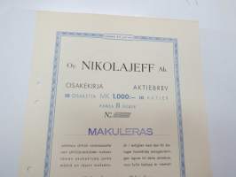 Oy Nikolajeff Ab 10 osaketta / aktier 1 000 mk, Helsinki 1940 -osakekirja / share certificate