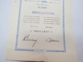 Oy Nikolajeff Ab 10 osaketta / aktier 1 000 mk, Helsinki 1940 -osakekirja / share certificate