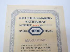 Lojo Cellulosafabriks Aktiebolag, Lojo 1927, 1 000 mk, serie B -osakekirja / share certificate