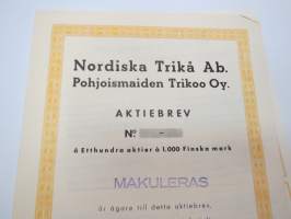 Nordiska Trikå Ab - Pohjoismaiden Trikoo Oy, Etthundra aktier á 1 000 mk, Helsinki -osakekirja / share certificate