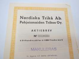 Nordiska Trikå Ab - Pohjoismaiden Trikoo Oy, Etthundra aktier á 1 000 mk, Helsinki -osakekirja / share certificate