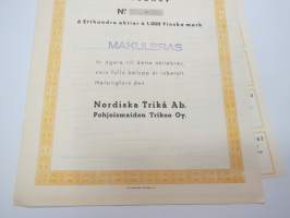 Nordiska Trikå Ab - Pohjoismaiden Trikoo Oy, Etthundra aktier á 1 000 mk, Helsinki -osakekirja / share certificate