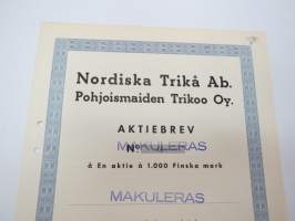 Nordiska Trikå Ab - Pohjoismaiden Trikoo Oy, En aktie 1 000 mk, Helsinki -osakekirja / share certificate