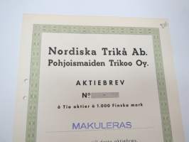 Nordiska Trikå Ab - Pohjoismaiden Trikoo Oy, Tio aktier á 1 000 mk, Helsinki -osakekirja / share certificate
