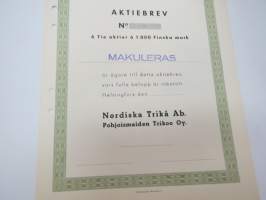 Nordiska Trikå Ab - Pohjoismaiden Trikoo Oy, Tio aktier á 1 000 mk, Helsinki -osakekirja / share certificate