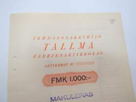 Tehdasosakeyhtiö Tallma Fabriksaktiebolag, 1 000 mk, Helsingfors 1936 -osakekirja / share certificate