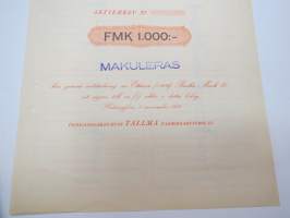 Tehdasosakeyhtiö Tallma Fabriksaktiebolag, 1 000 mk, Helsingfors 1936 -osakekirja / share certificate