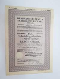 Braunkohle-Banzin AG, Berlin, 1 000 Reichsmark 4,5% Teilsschuldverschreibung nr 48750, Berlin 1938 -velkakirja / loan certificate