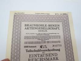 Braunkohle-Banzin AG, Berlin, 1 000 Reichsmark 4,5% Teilsschuldverschreibung nr 48750, Berlin 1938 -velkakirja / loan certificate