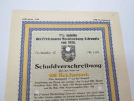 7% Anleihe des Freistaats Mecklenburg-Schwerin von 1926 C nr 1608 Schuldverschreibung -velkakirja / loan certificate
