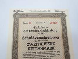 4% Anleihe des Landes Mecklenburg von 1942 Nr A 0176 Schuldverschreibung 2 000 Reichsmark -velkakirja / loan certificate