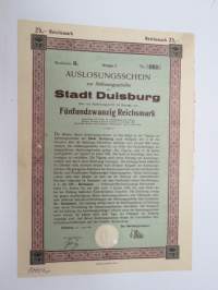 Auslosungsschein zur Ablösungsanleihe der Stadt Duisburg 25 Reichsmark Nr B. 063 1927 -velkakirja / loan certificate