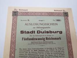 Auslosungsschein zur Ablösungsanleihe der Stadt Duisburg 25 Reichsmark Nr B. 063 1927 -velkakirja / loan certificate